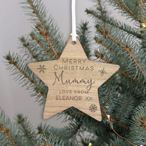Mummy Merry Christmas Bauble, Personalized Wooden Star Decoration for Mum, Engraved Keepsake for New Parent