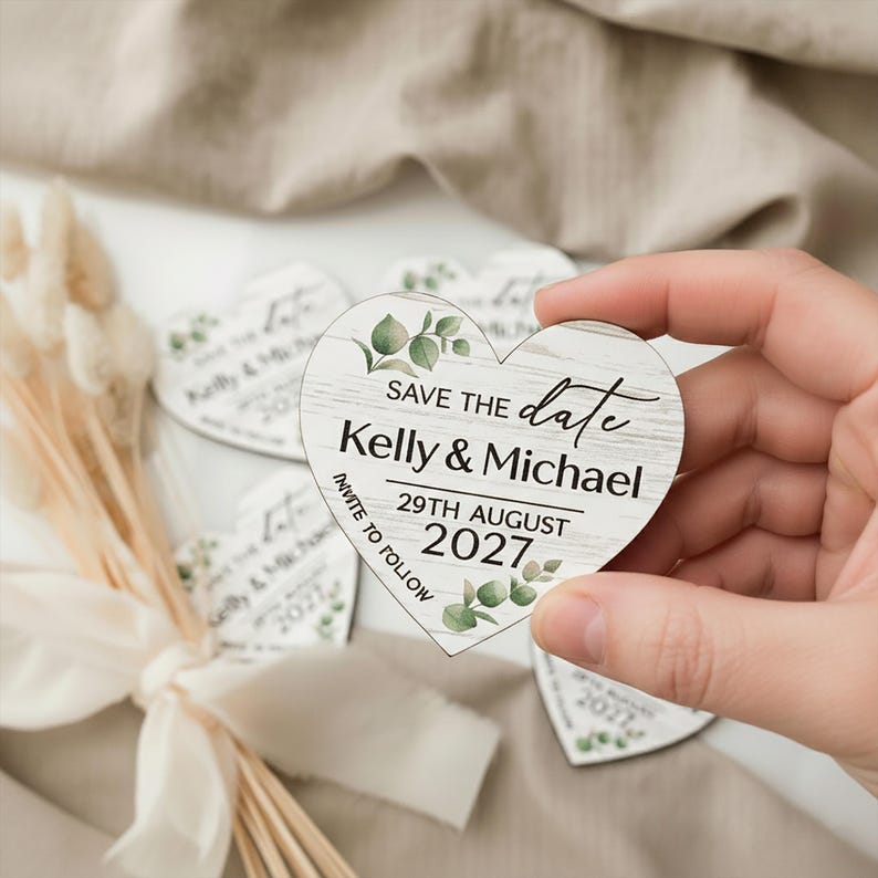 Save The Dates, Save the Date Cards with Wooden Magnets, Eucalyptus Leaf Floral Save The Dates With Envelopes, Personalised For Wedding Bild 1