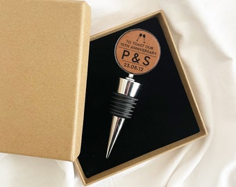 10th Anniversary Gift, Personalised 10 Year Anniversary Present, Leather Bottle Stopper for 10 Years Together