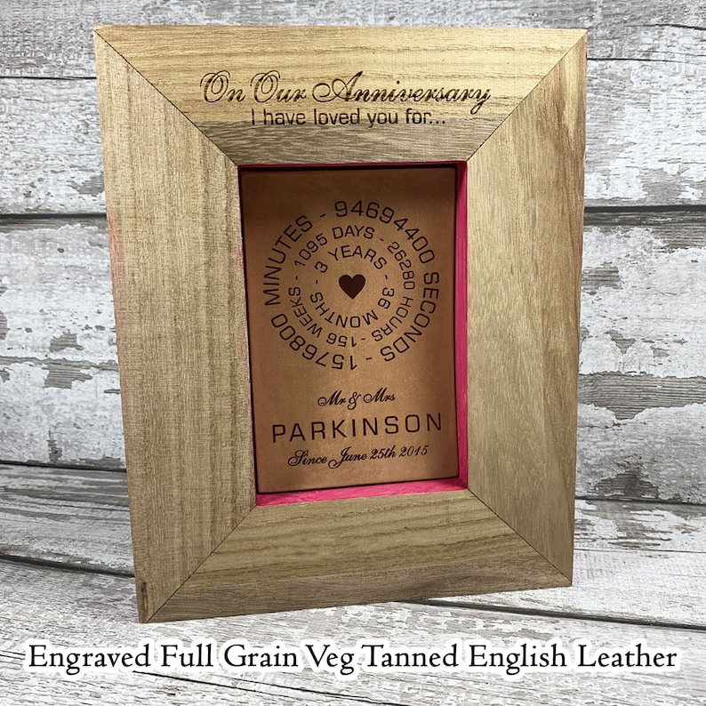 Personalised Leather Gift Engraved Wooden Photo Frame Full Grain Veg Tanned English Leather Wedding Anniversary Gift For Him Custom Name