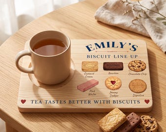 Personalised Wooden Tea & Biscuit Board with Mug Holder – British Biscuit Lover Gift