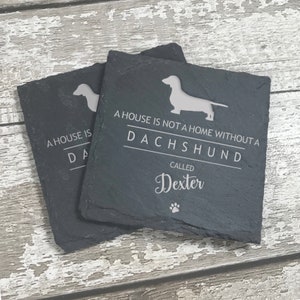 Dachshund Dog Coaster, Personalised Dog Slate Coaster, Sausage Dog Print