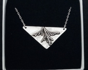 Triangle Cedar Necklace, Geometric Nature Necklace in recycled silver