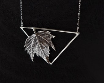 Real Leaf Cast in Silver, Silver Maple Leaf Triangle Necklace, Geometric Silver Necklace, Nature Jewellery, Statement Necklace, Unique Gift