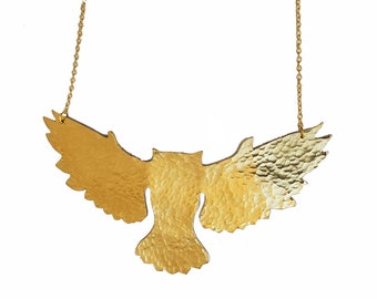 Large Owl Necklace, Barn Owl Pendant, Gold Necklace, Statement Necklace, Steampunk Necklace, Animal Jewellery, Birthday Gift