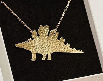 Gold Stegosaurus Necklace: Hammered Brass Dinosaur Pendant