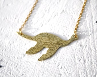 Hammered Brass Plesiosaur Necklace: Gold Dinosaur Jewelry