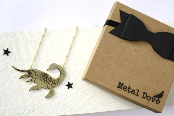 Gold Plesiosaur Necklace: Hammered Brass Loch Ness Monster Pendant