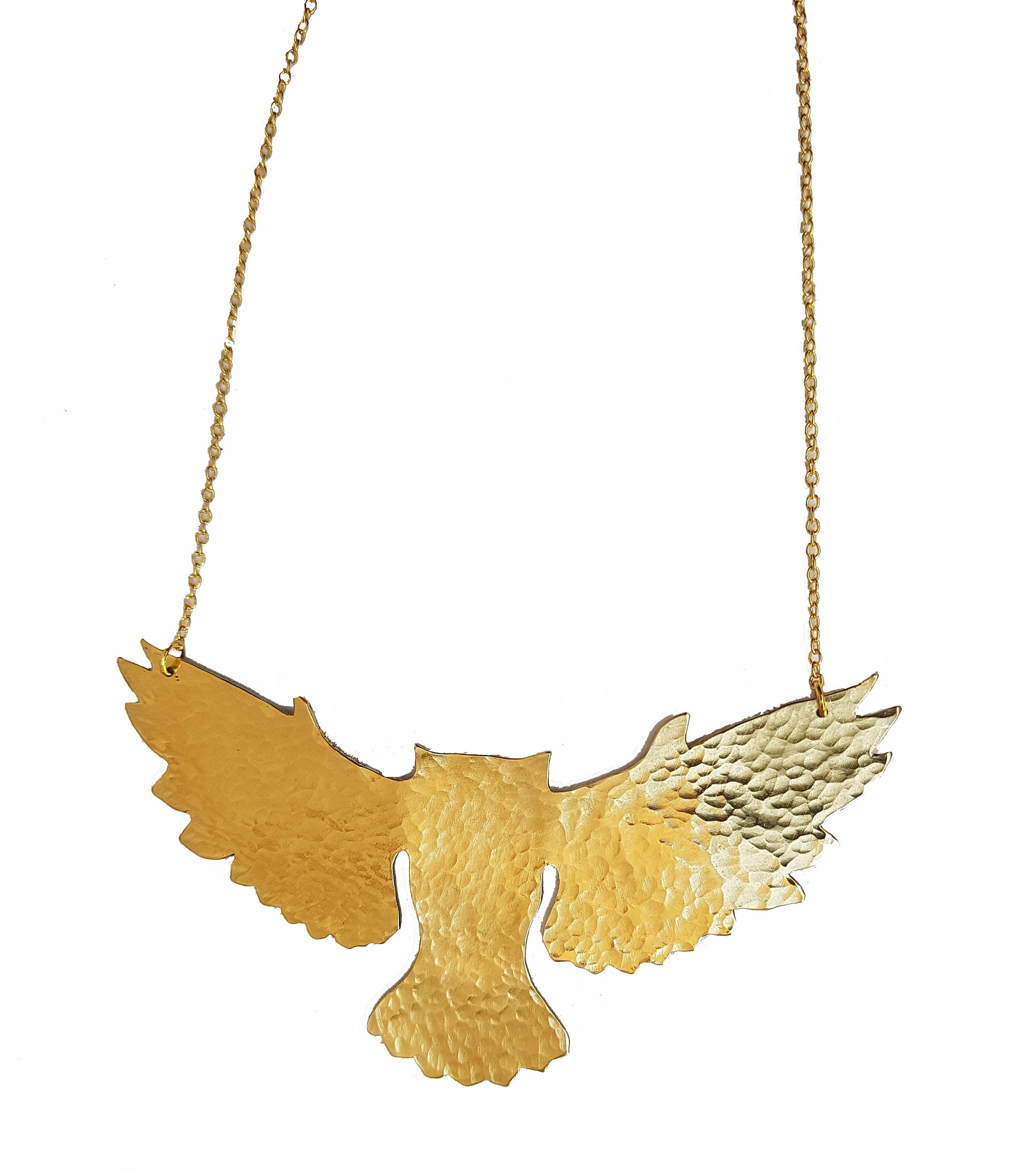 Large Brass Barn Owl Necklace: Hammered Gold Statement Pendant
