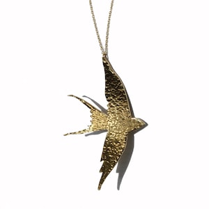 Hammered Brass Swallow Necklace: Large Gold Bird Pendant, Brighton Jewelry