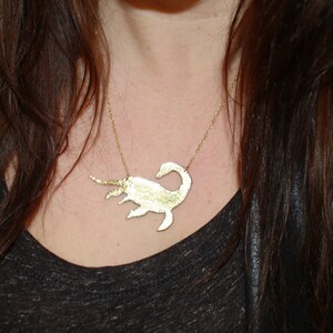 Gold Plesiosaur Necklace: Hammered Brass Loch Ness Monster Pendant image 5