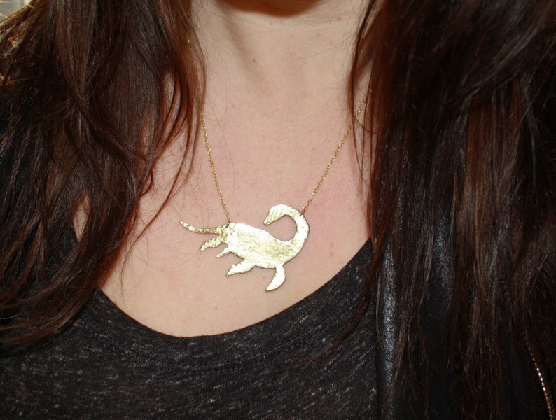 Gold Plesiosaur Necklace: Hammered Brass Loch Ness Monster Pendant image 5
