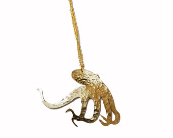 Gold Octopus Necklace: Hammered Brass Steampunk Pendant