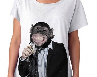 Funny Womens Shirt. Drunk Monkey Shirt. Chimpanzee in a suit printed on a womens dolman.