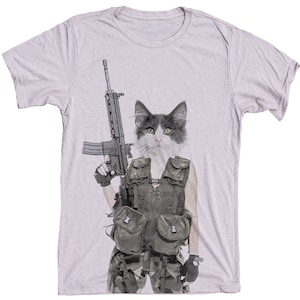 Cat Shirt Cat Gun Shirt Mens Cat Shirt Cat with a Machine Gun Hand Screen Printed on a Mens T-Shirt image 1