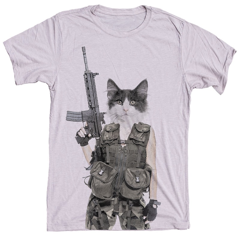 Cat Shirt Cat Gun Shirt Mens Cat Shirt Cat with a Machine Gun Hand Screen Printed on a Mens T-Shirt image 1