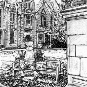 May include: A black and white pencil drawing of a stone building with a large, ornate doorway. A bench sits in front of the building, with a large, ceramic vase and a potted plant on top of it.