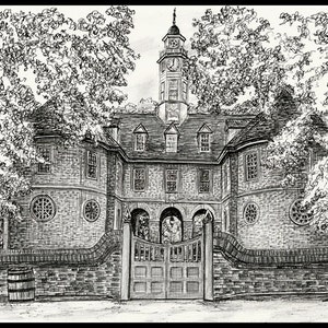 Pen and Ink print of the Capital builidng in Colonial Williamsburg