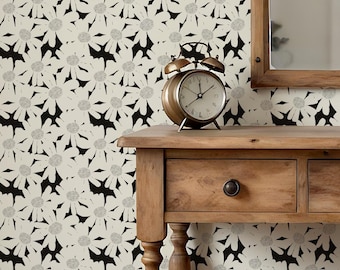 Abstract Flowers Black and White Wallpaper, Peel & Stick Wallpaper, Minimalist Scandinavian Bathroom Wallpaper 0406-13