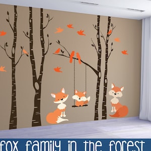Orange FOX FAMILY Woodland Nursery Decor Wall Decal 4 River Birch Nursery Trees Decor Baby Fox Swings from Branch Forest Birds Vinyl Baby