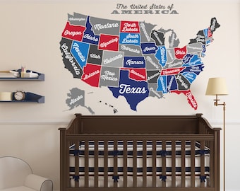 United States Map Wall Decal, USA Map Sticker, Americana Nursery Decor, State Names Wall Decal, Kids Room Wall Map
