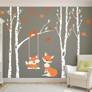 Woodland NURSERY FOX Forest Trees Wall Decal 4 Birch Trees Nursery Decor Baby FOX Decal Swings from Branch Wall Decal Baby Bedroom