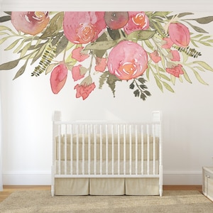 GEORGIA Removable Wall Mural Watercolor Flowers Wall Decal Blooms Peonies Floral Garden Decor Girls Baby Room Baby Nursery Pink Peach Peony
