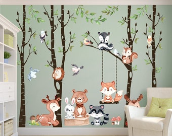 FABRIC Wall Decals Woodland Nursery Décor 4 Trees Animals birds Swing Forest CUTE BABY Animals Fox Bear Deer Moose Raccoon Hedgehog Wallatex