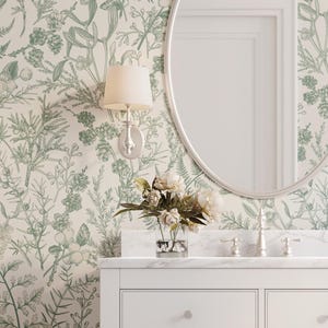 Farmhouse Wallpaper, Neutral Nursery, Eucalyptus Fern Sage Wallpaper, Removable Peel & Stick Fabric Green Botanical Toile Wallpaper 0410-52