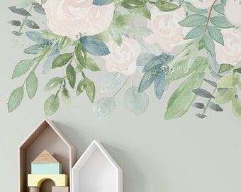 MABEL Greenery Wall Decals Nursery Décor White ROSES Flowers Blooms Peonies Watercolor Green Fern Eucalyptus Girls Baby Room Neutral