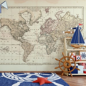 Removable Wallpaper Wall Mural Vintage 1800 WORLD Atlas MAP Nursery Mural Atlas Fabric Peel & Stick Decal Wallpaper Vintage Map Décor 01006