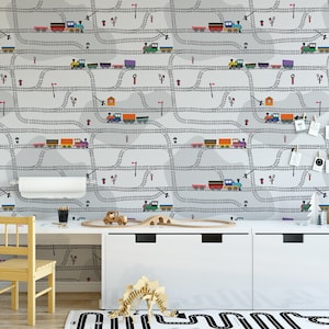 Trains Gray SMOKE Wallpaper Boys Nursery Wall Mural Kids Removable Self Adhesive Fabric Wallpaper Easy Install Wall Mural