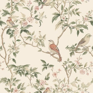 Chinoiserie Birds Wallpaper - Removable PREPASTED Wallpaper, Vintage Wallpaper, Nursery Botanical Floral Farmhouse Wallpaper Boho 0392-50