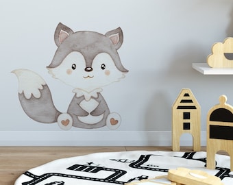 Gray Fox Wall Decal Watercolor Baby Fox Sticker Peel and Stick wall decor Woodland Nursery Forest Animals