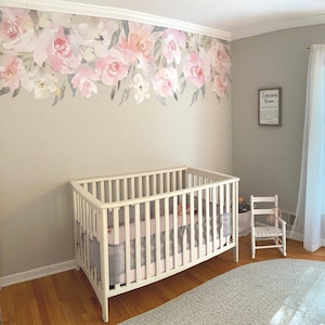Blush Pink Wall Decals for Nursery - DELANEY MAE, Removable Wall Decals, Floral Decor, Flowers Blooms Peonies Watercolor Decor, Pink Nursery