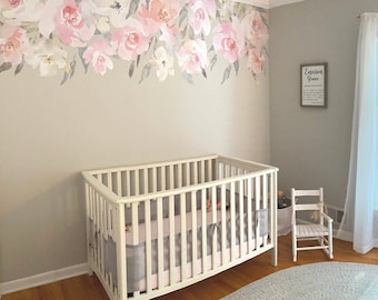 Blush Pink Wall Decals for Nursery - DELANEY MAE, Removable Wall Decals, Floral Decor, Flowers Blooms Peonies Watercolor Decor, Pink Nursery