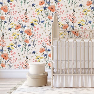 REMOVABLE WALLPAPER Willow Pink Coral Blue Wild Flowers Girl Nursery Wall Mural Floral Wallpaper Fabric Self Adhesive non toxic Fabric 0173