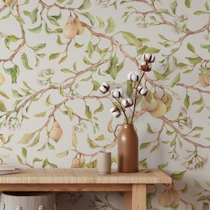 Fruit Tree Wallpaper - Farmhouse Wallpaper, Neutral Nursery, Removable Peel & Stick Canvas Green Yellow Botanical Chinoiserie Fruit 0411-52