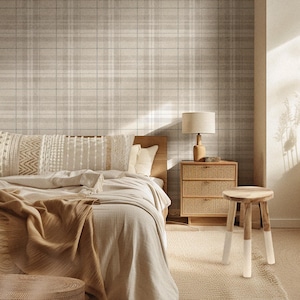 Neutral Fall Plaid UNPASTED WALLPAPER- Paradise Valley Tartan Peel & Stick FABRIC Rustic Wallpaper, Home Décor, Nursery Wallpaper T0043-26