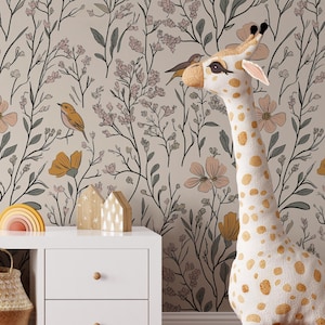 Botanical Birds Wallpaper | Peel and Stick FABRIC Nursery Wallpaper | Removable Floral Baby Girl Mural | Floral Nursery Wallpaper 0419-52