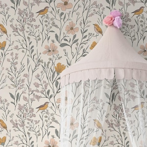 Botanical Birds Wallpaper | Peel and Stick FABRIC Nursery Wallpaper | Removable Floral Baby Girl Mural | Floral Nursery Wallpaper 0419-52