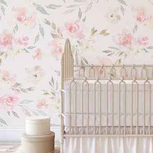 Pink Blush Floral Wallpaper – Peel and Stick, Removable Fabric Wallpaper – Romantic Pink Nursery Wall, Watercolor Pink Flowers Décor 0176-52