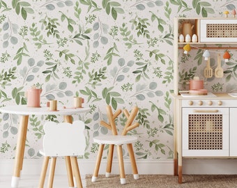 REMOVABLE WALLPAPER PREPASTED Caroline Greens Medium Neutral Nursery Fern Eucalyptus Greenery Farmhouse Green Wallpaper Botanical 0160M