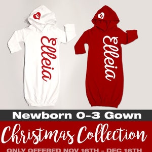Personalized Gift for 2 Newborn Twins: Coming Home Outfit, Printed Baby Name on Gown Red or White, Hooded Baby Gown, Christmas Babies