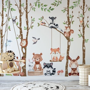 Woodland Removable Wall Decals | 4 Trees Set Nursery Wall Decals Woodland Animals CUTE BABY Fox, Neutral Nursery, Peel and Stick Animals