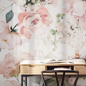 Romantic Watercolor Roses | Removable Peel & Stick FABRIC Wallpaper for Girls Nursery, College Dorm Decor, Pink Floral Wallpaper 0025-78