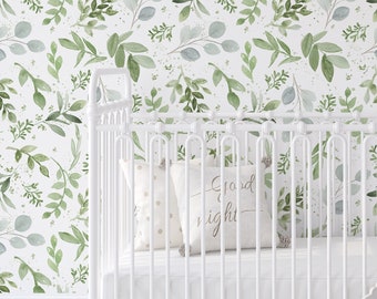Removable Pre-Pasted WALLPAPER | Greenery Neutral Nursery, Fern, Eucalyptus, Botanical Mural 0160-25