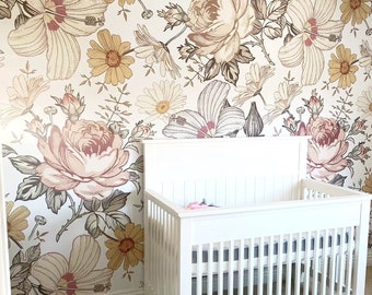 REMOVABLE WALLPAPER Camila PREPASTED Large Vintage Flowers Eclectic Floral Girl Nursery Girl Botanical Wallpaper Floral Wallpaper 0130