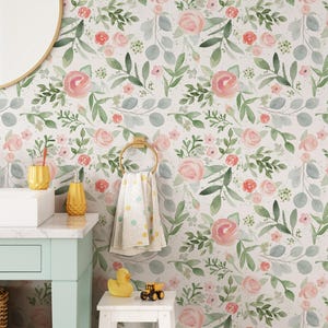 WALLPAPER Soft Floral Nursery Wallpaper – Watercolor Vintage Flowers | Peel & Stick Removable Wall Mural | Light Botanical Baby Room 0164-26