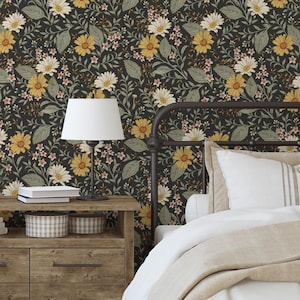 Farmhouse Floral Wallpaper | Removable Peel & Stick Fabric, Yellow Daisy Mural for Bedroom, Nursery Wallpaper, Living Room Decor 0103-52
